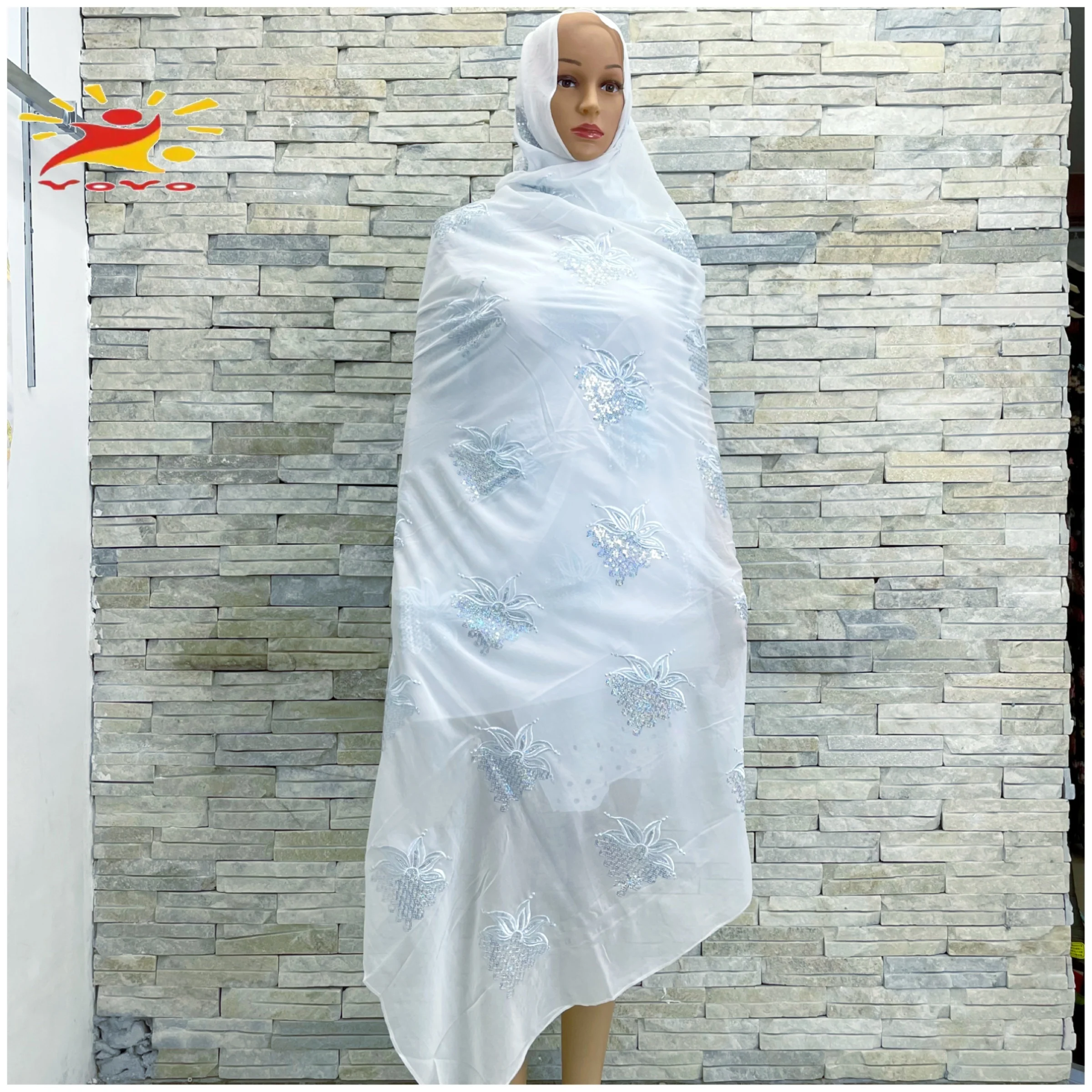 2022High Quality African Women Scarfs Muslim Sequin Embroidery Soft Chiffon Splicing Big Hijab For Shawls Wraps Pashmina