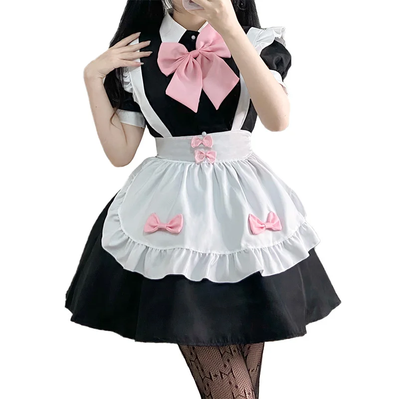 Uniforme Lolita Kawaii avec nœud rose, costume de cosplay, robe de femme de chambre noire, anime japonais, ensemble de filles mignonnes, tenue de lapin de performance d'injecteur