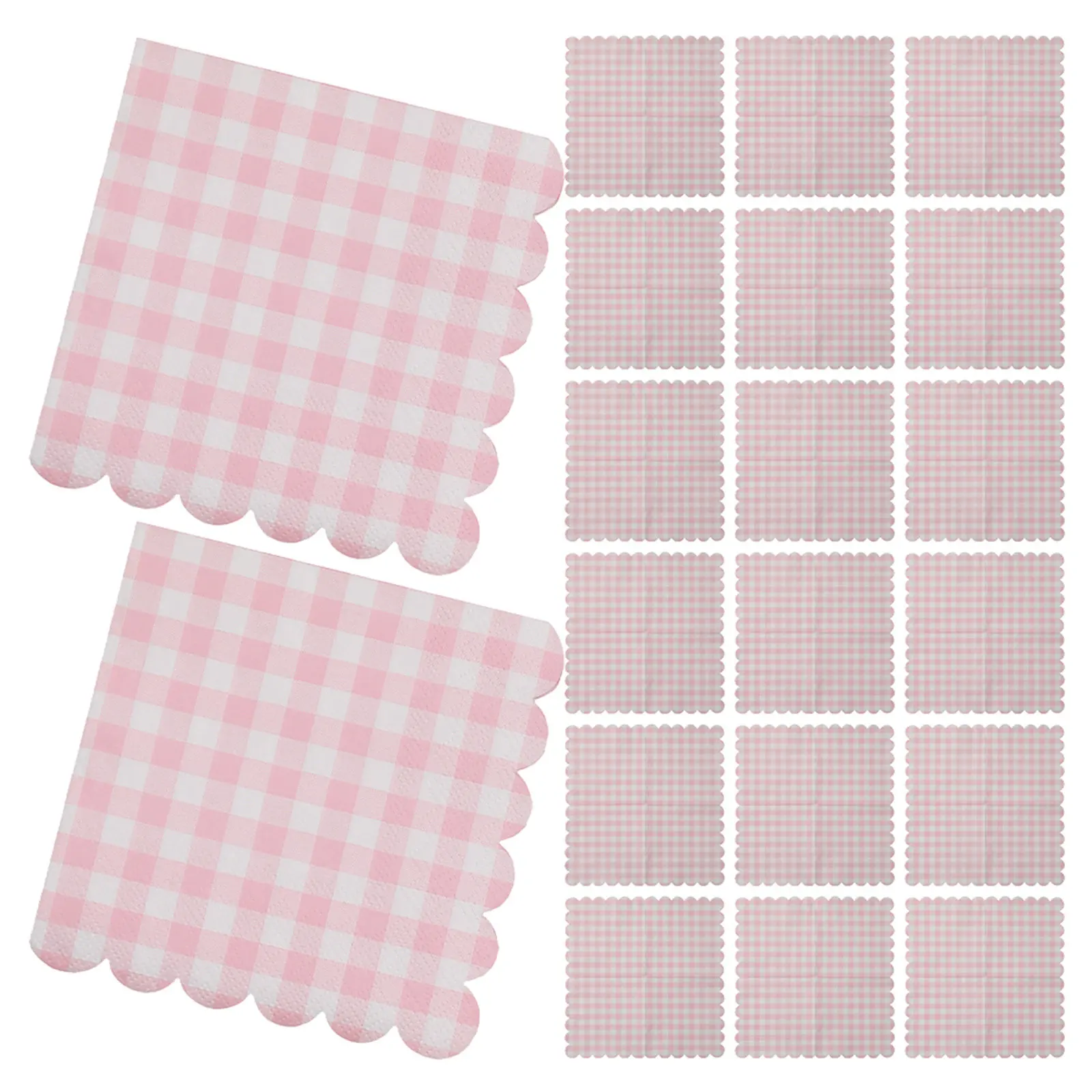 

12Pcs Disposable Party Napkins Pink Gingham Scalloped Edges Three-Layer Absorbent Napkins Wedding Shower Shower
