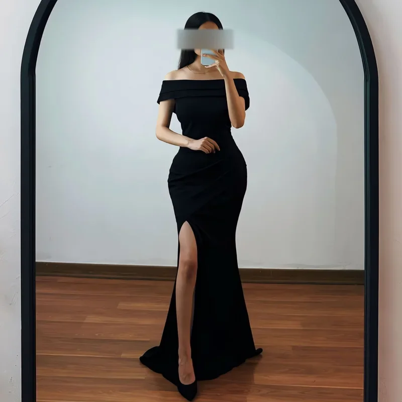 Indie Customized Elegant Black Prom Gown Women's Pleated Off Shoulder Party Evening Dress Floor Length Formal Occasion Dresses