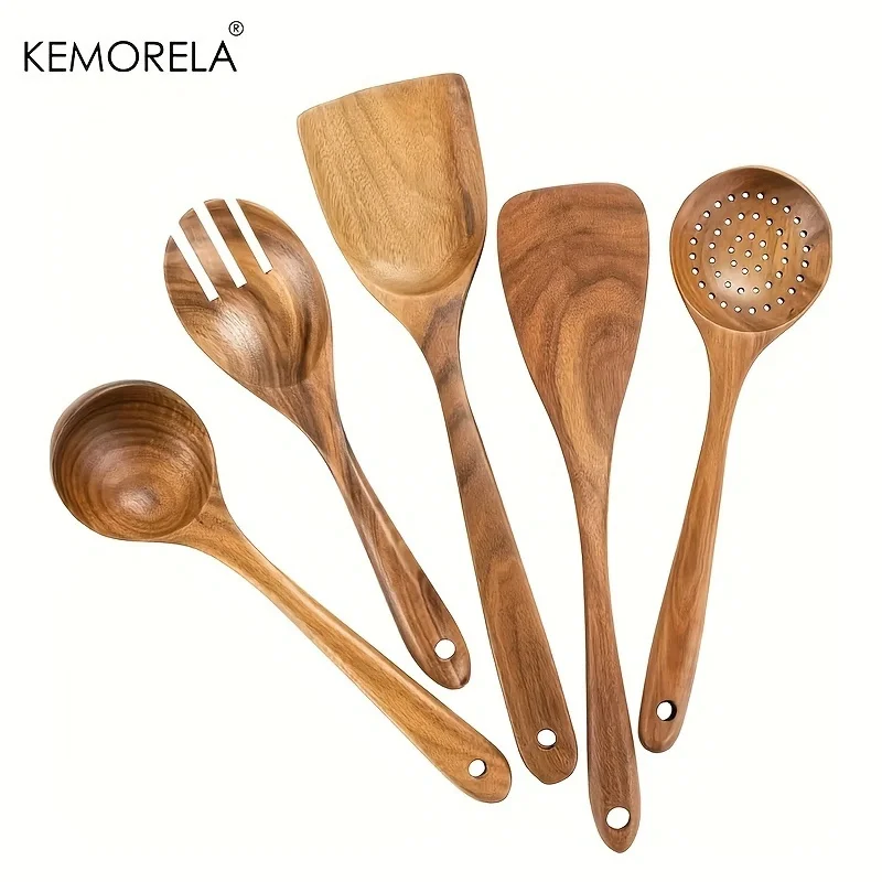 5PCS Natural Wooden Tableware Wooden Spoon Soup Skimmer Cooking Spoon Spatula Long Colander Dinner Home Cookware Set