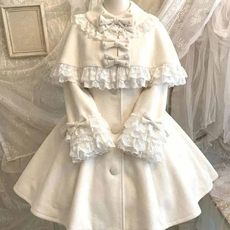 Ensemble 2 pièces Lolita japonaise pour femmes, comprenant une cape à volants en dentelle amovible et une robe coupe A-line, style princesse pour filles, tenue chaude d'hiver.
