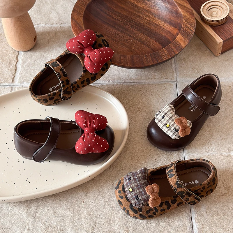 Girls Mary Jane Flats Toddler Little Kids Fabric Bow Hook‑Loop Soft Non‑Slip Sole Vintage Casual Daily Dress Footwear