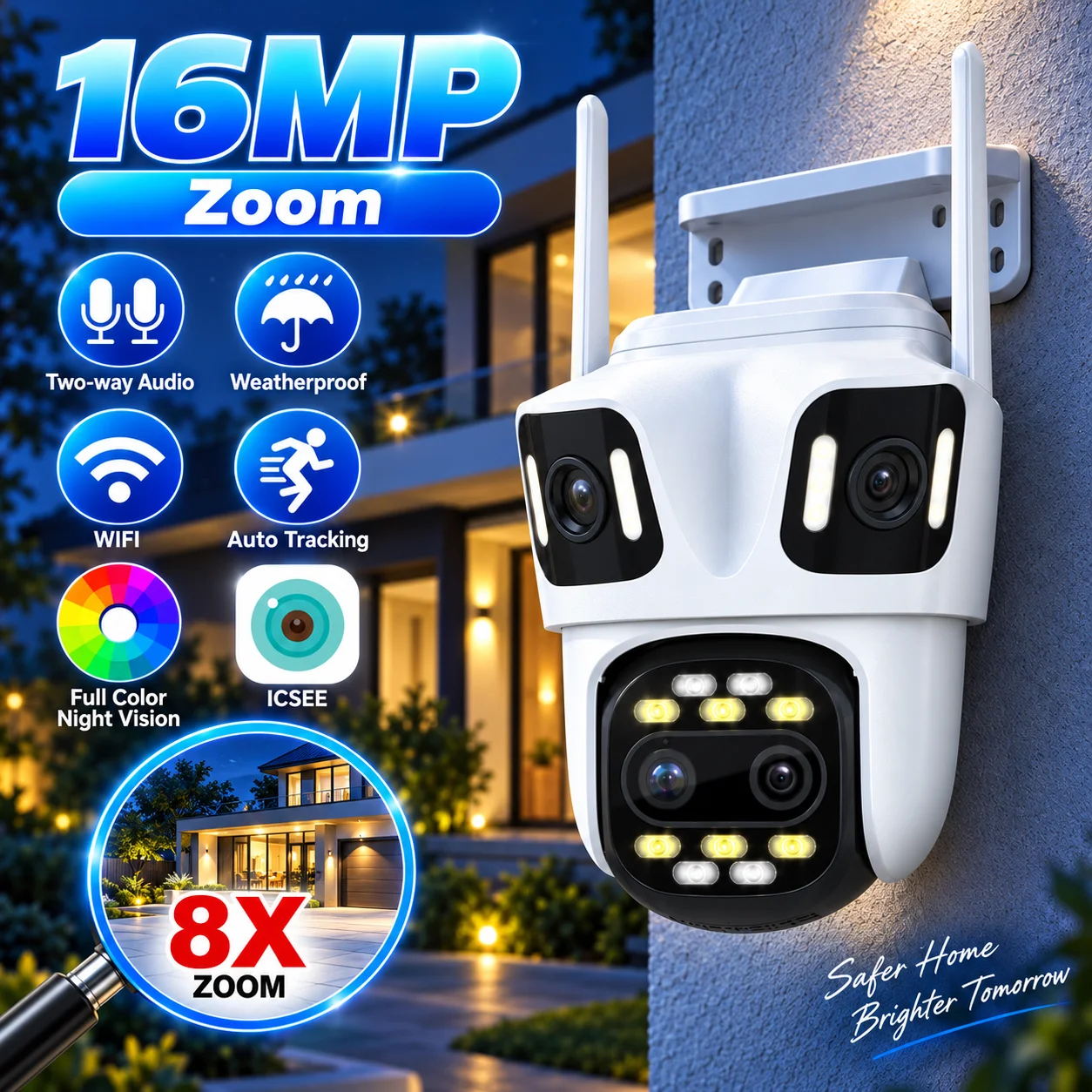 8K 16MP WiFi PTZ Camera Four Lens Three Screens 8X Zoom Outdoor CCTV Security Camera Auto Tracking Video Surveillance IP Cam
