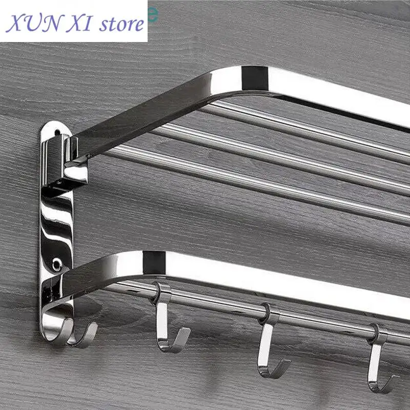 Folding Movable Bath Towel Shelf Stainless Steel Polished Bathroom Towel Rack Holder Storage Shelf Hook Accessories