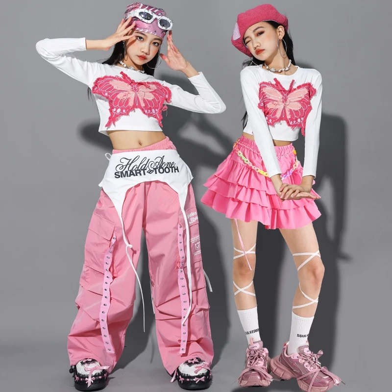 أزياء الفتيات الوردي لموسيقى الجاز بأكمام طويلة ملابس السرة تنورة البضائع السراويل الاطفال المشجع ملابس الرقص الهيب هوب ملابس الأداء BL17099