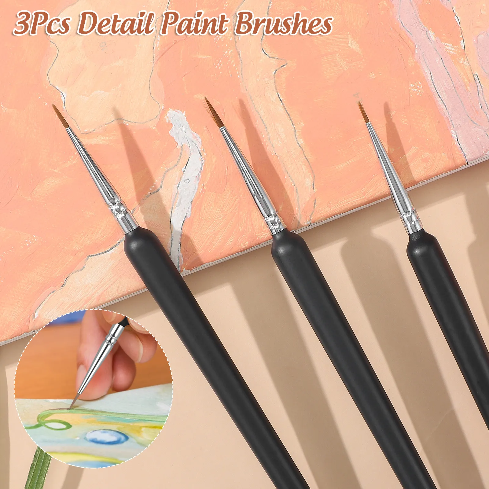 3Pcs Micro Detail Paint Brush Set Tiny Fine Tip Brushes for Watercolor Oil Acrylic Gouache Tempera Miniature Dry Brush