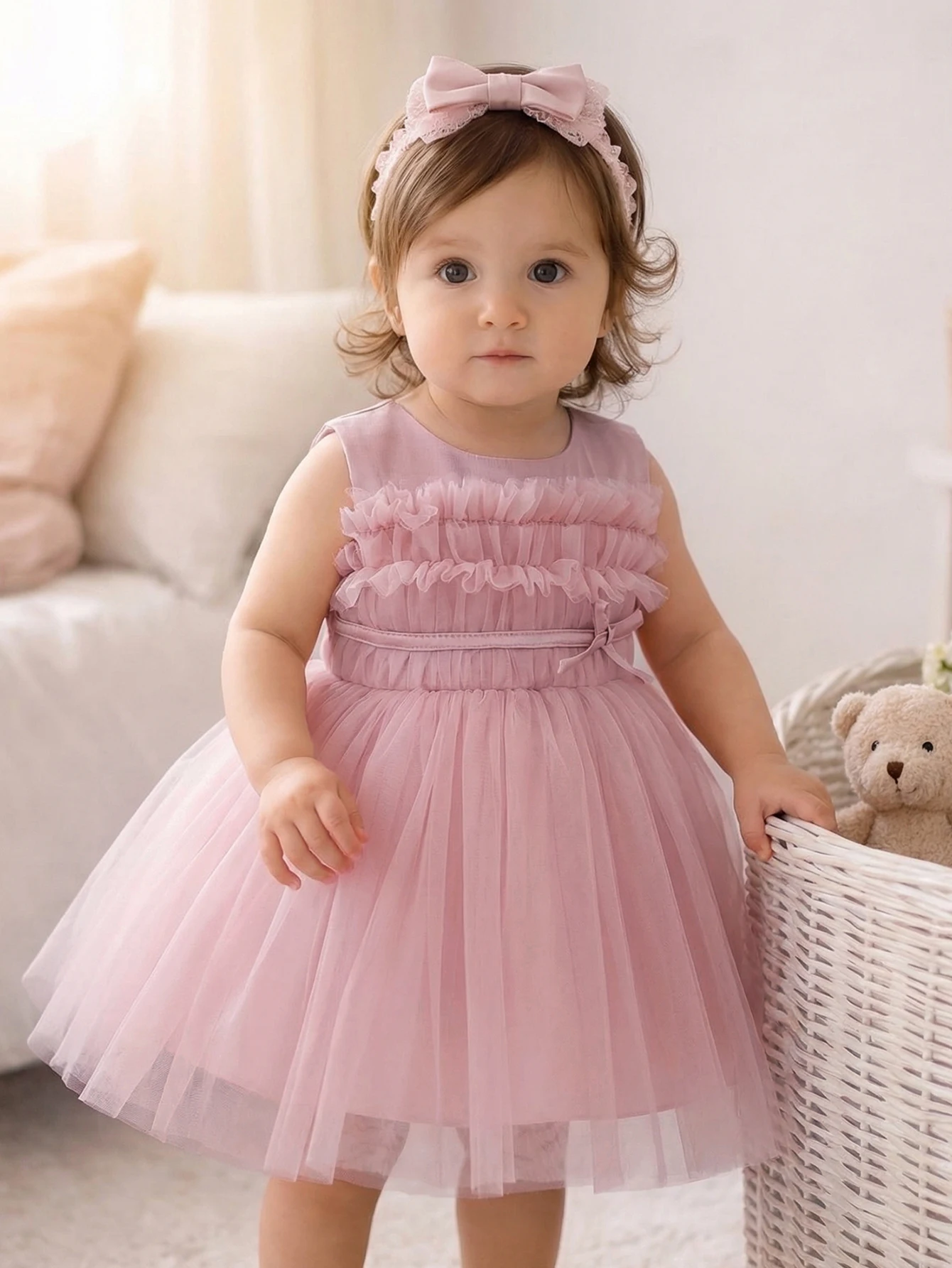 Baby Girl Pink Tulle Party Dress Sleeveless Ruffle Bodice Gathered Waist Birthday Wedding Flower Girl Princess Photoshoot Outfit