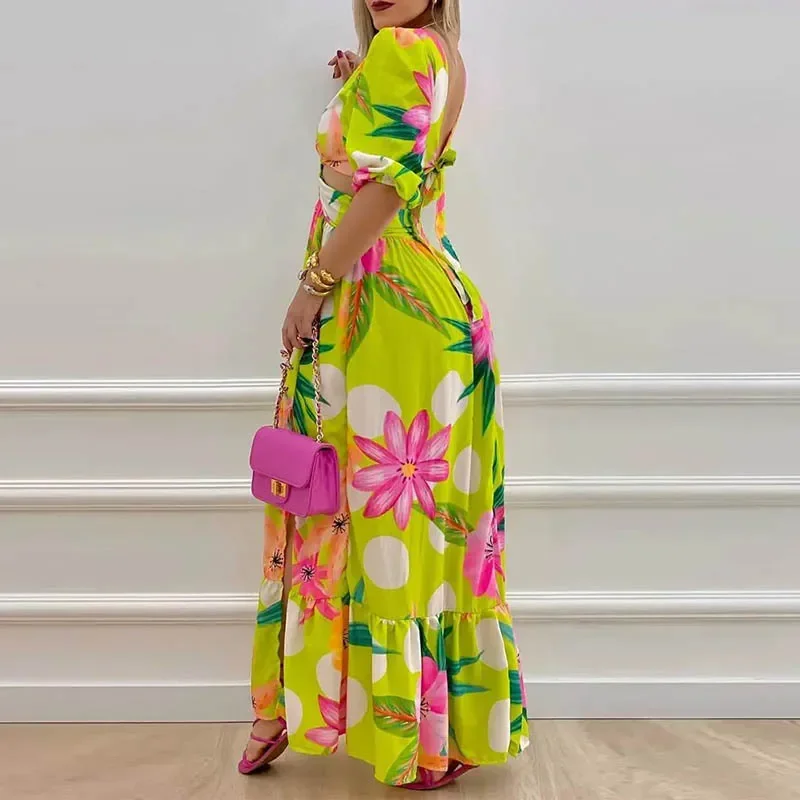 Summer Dress for Women Temperament Printed V-neck Long Dress Vintage Elegant Long Sleeve V-Neck Maxi Sundress Harajuku Dresses