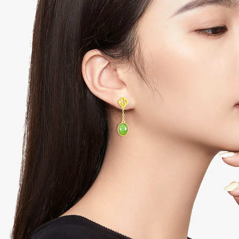 Anting wanita bahan lama hijau bayam alami, anting-anting Jasper giok S925 perak Jadeite Set perhiasan sederhana Drop Ship