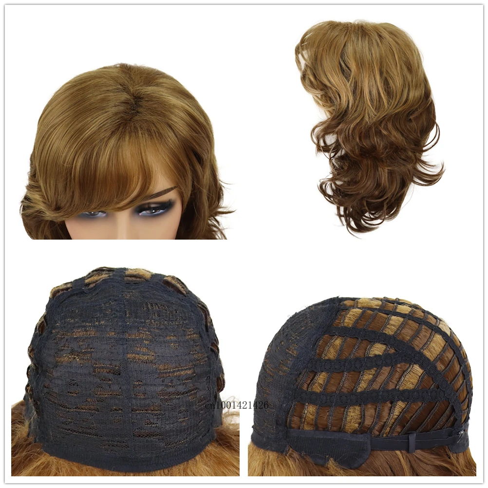 Synthetic Ombre Brown Blonde Wig with Bang Medium Length Shoulder Wigs Women Curly Wavy Hairstyles Daily Hair Replacement Wigs