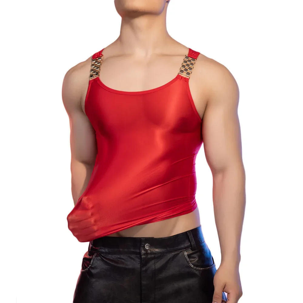 Sexy Men\'s Oil Glossy Tight Fitting Vest Smooth Sleeveless Vest Transparent Fashion Top High Elasticity Sheer See Through Shirt