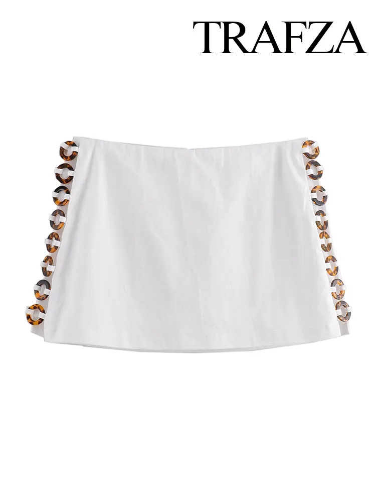 

TRAFZA Women Summer Chic Side Ring Hollow Design Mini Skirt Shorts Female New Fashion Zipper Solid Color Casual Culottes Mujer