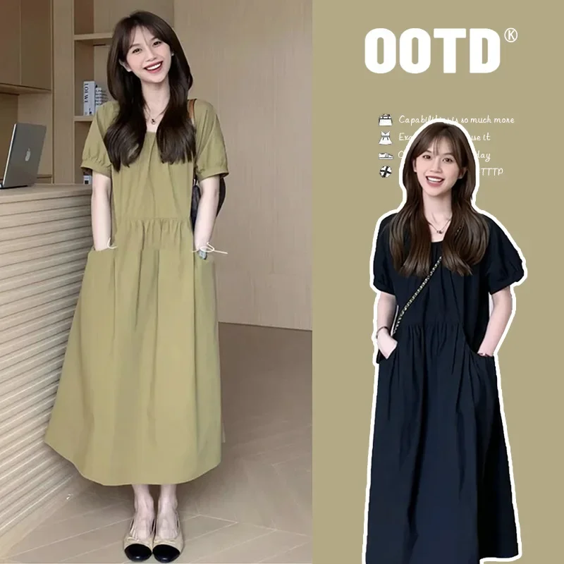 Fashionable Korean Style Loose-Fit Solid Color Medium-Length Summer Dress New Arrival Simple Design Women's Fashion