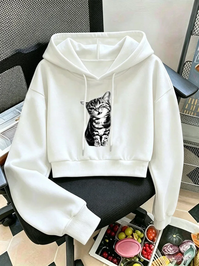 High Street Style Cat Print Cropped Sweatshirt 2000s Crop Top Hoodie Y2k Sweatshirts Gothic Casual Pullover Clothes Women
