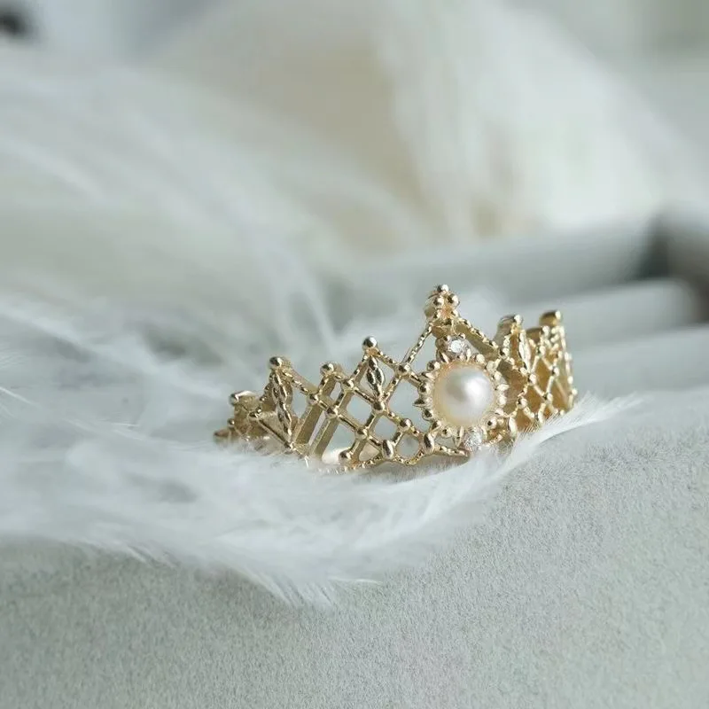 Anneliese Princess Crown Rings For Women Girls Pearl Crown Gold Plated Rings Party Jewelry Hollow Crown Rings Accessories Gifts