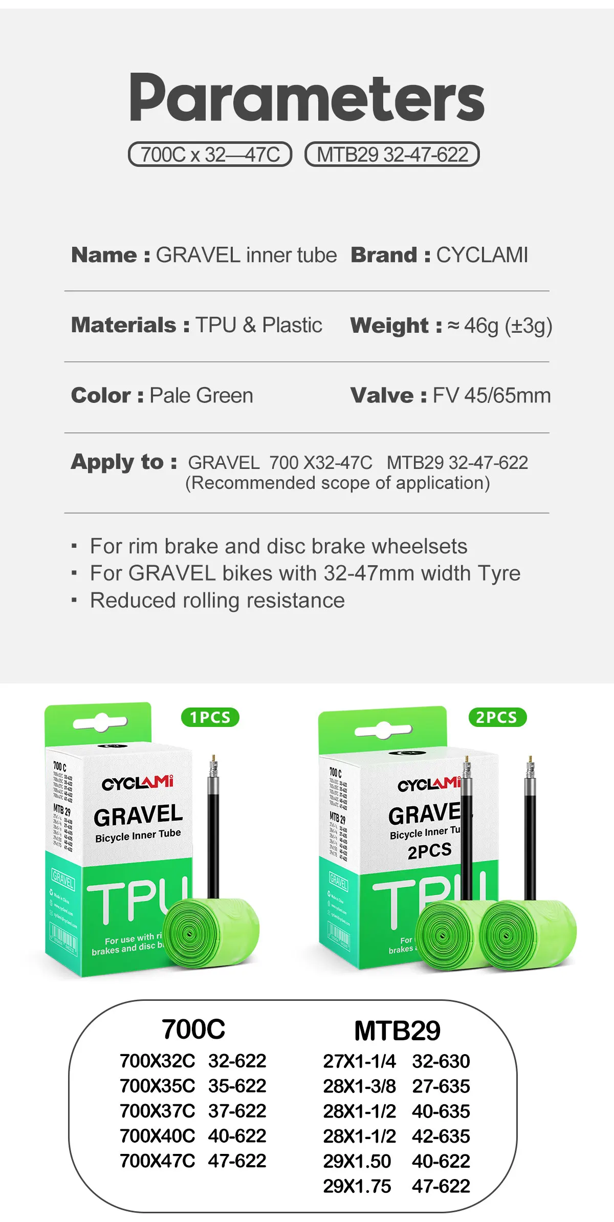 CYCLAMI 2pcs Ultralight Road MTB29 Bike TPU Inner Tube Tire French Valve FV 45mm For Gravel 700C 32C 35C 37C 40C 47C Super Light