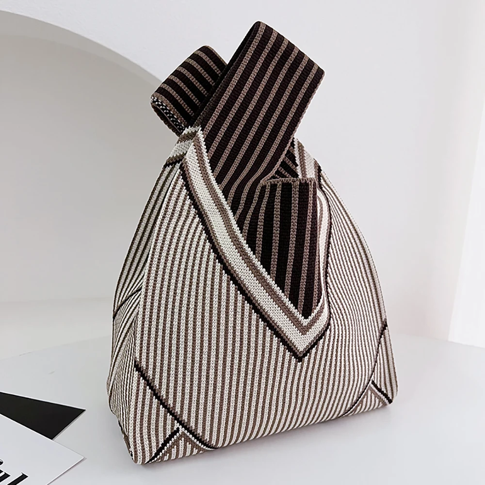 Handmade Knit Handbag Women Mini Knot Wrist Pouch Japanese Casual Color Wide Stripe Plaid Tote Bag Student Reusable Shopping Bag