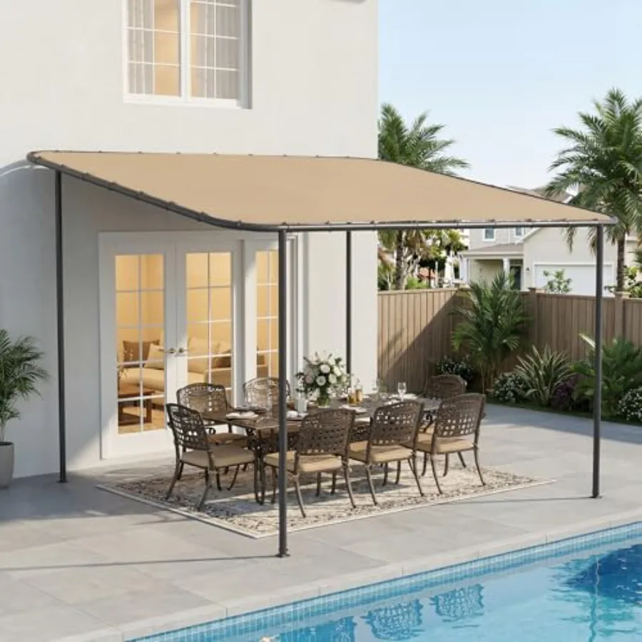 

Outdoor patio, deck, backyard lean-to gazebo pergola with galvanized steel frame, weatherproof canopy, gray finish, sloped roof