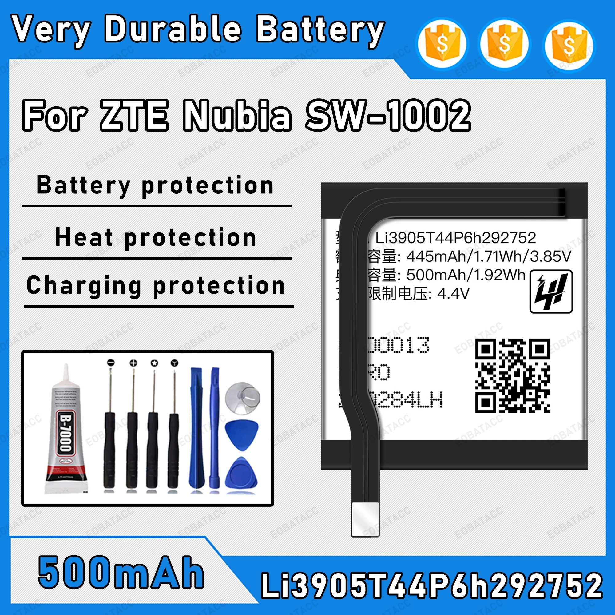

500mAh 100% New Li3905T44P6h292752 Battery For ZTE Nubia SW-1002 WI501Q Replacement Bateria+Free Tools