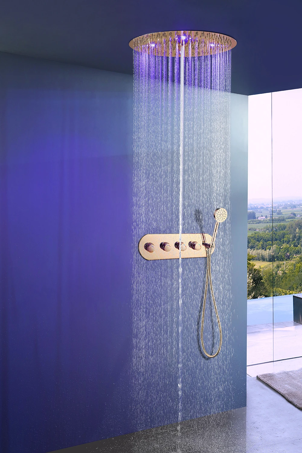 Rose Gold 600mm Round Canopy Concealed Shower System, Thermostatic Switch, Rainfall Function, Made of Solid Copper led light