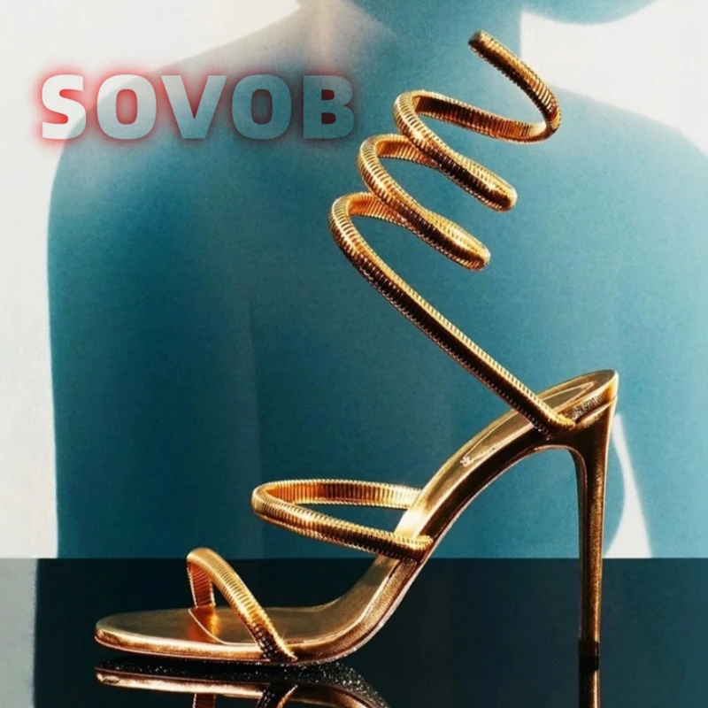 

Gold Metallic Stiletto Heel Gladiator Sandals Women Ankle Snake Shaped Winding Party Shoes Thin Heels Open Toe Wrapped Sandals