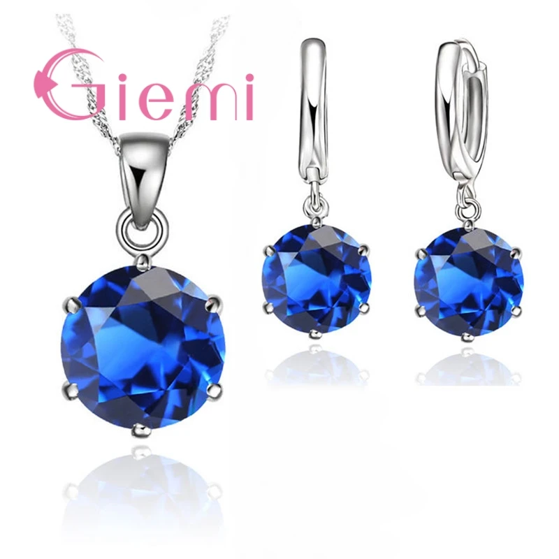 Newest Simple Style Colorful CZ Jewelry Set 925 Sterling Silver  Accessories For Lady Charm Pendant Necklace Hoop Earrings