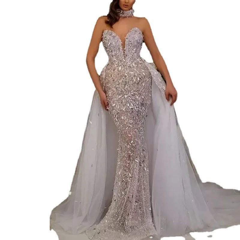 

2025 Summer New Women's Sequined Fish Tail Sleeveless Long Style Temperament Mesh Dress