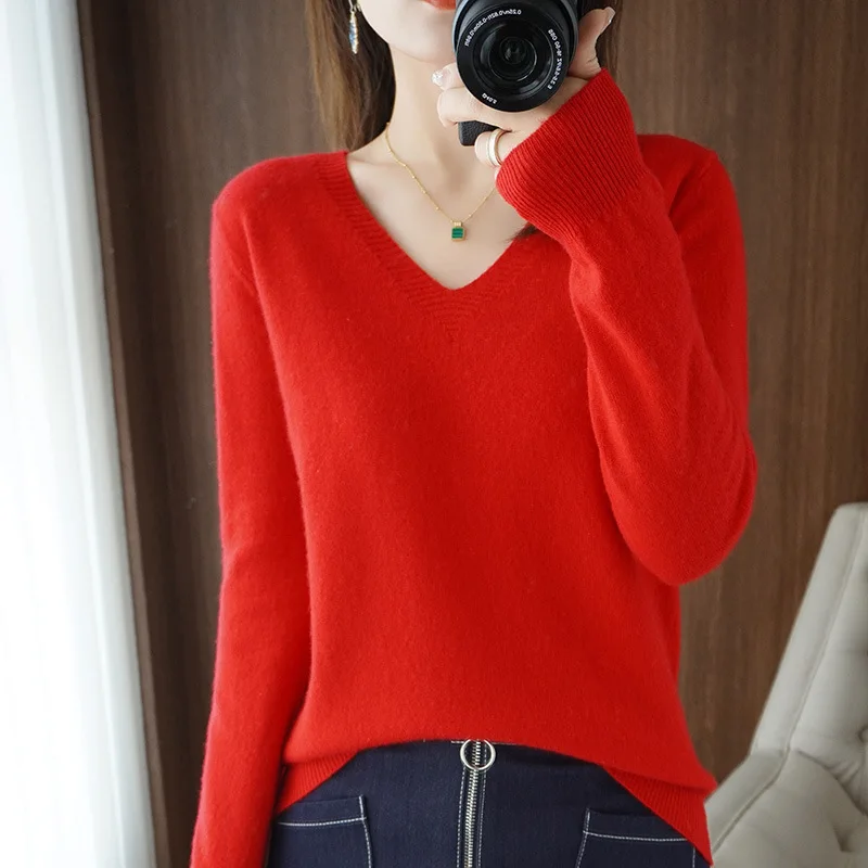 

New in Autumn Solid Color V-neck Knitted Bottoming Shirt Pullover Thin Sweater Thin Fashion Interior Sweater Women Pullover