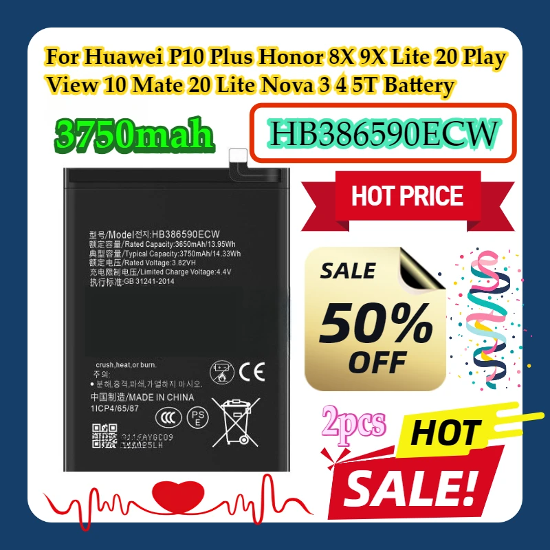 2pcs For Huawei P10 Plus Honor 8X 9X Lite 20 Play View 10 Mate 20 Lite Nova 3 4 5T HB386590ECW Battery