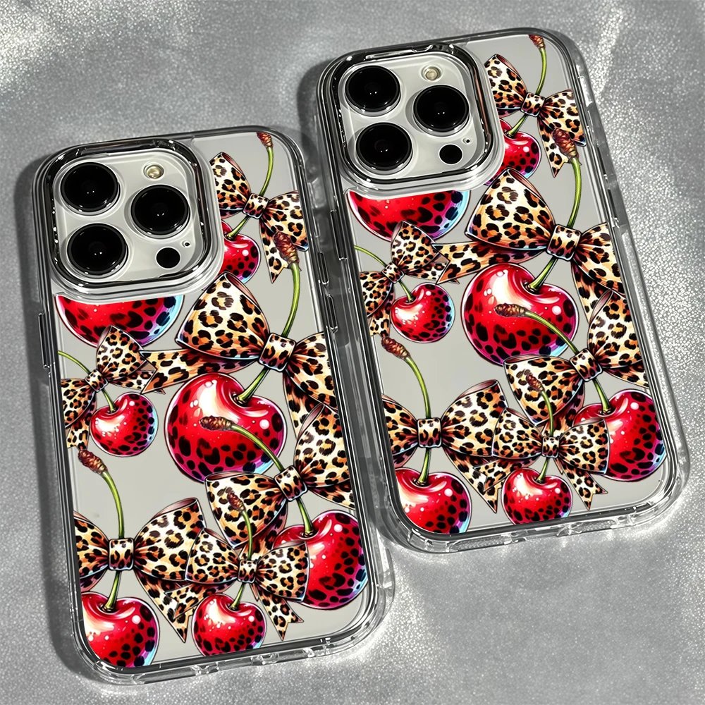 Luxury Large Window Candy Color Border Phone Case For iPhone 18 17 16 15 14 13 Pro Max Transparent  Leopard Cherry Chic
