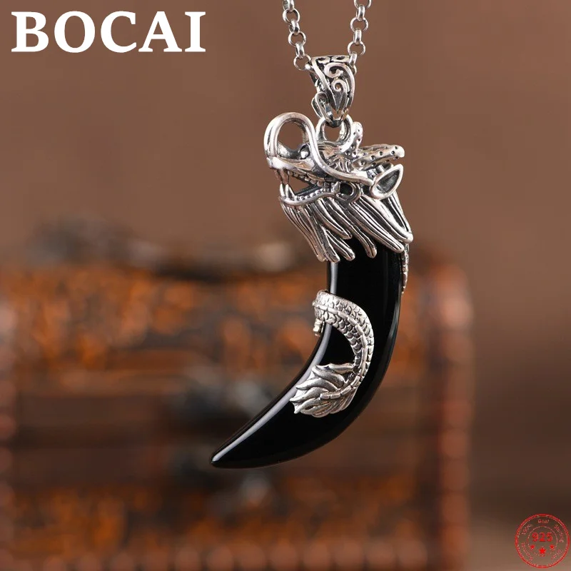 

BOCAI S925 Silver Pendants for Women Men New Fashion Flying Dragon Black Agate Wolf Tooth Amulet Jewelry Free Shipping