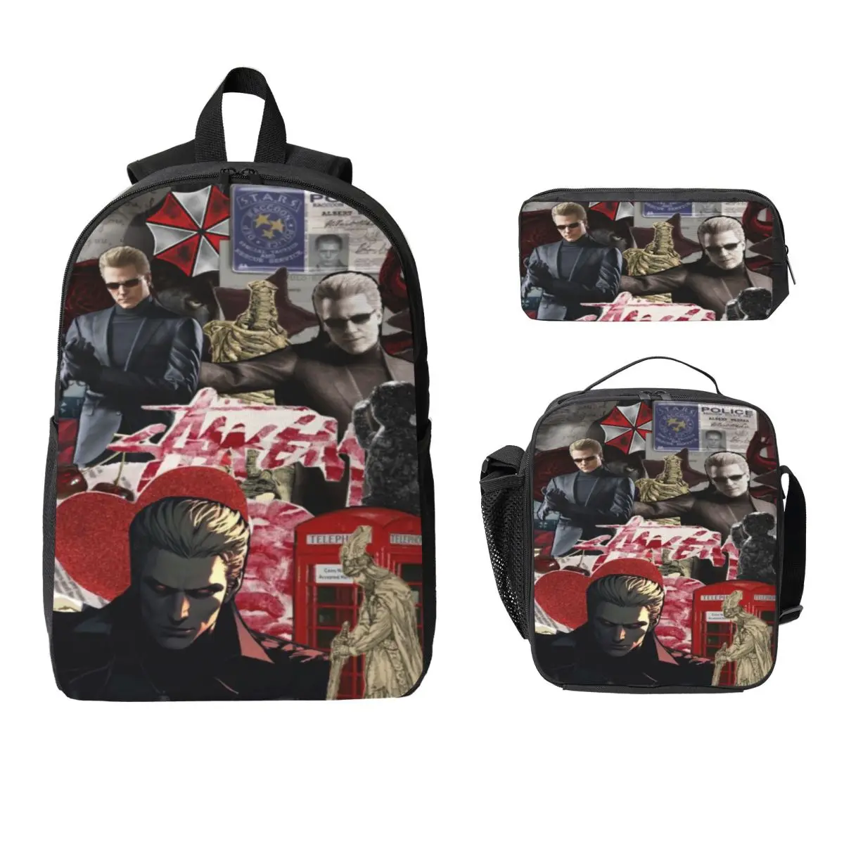 3Pcs Albert Wesker｠ School bags Set for Girls Boys Pen Bags Backpack Sets with Lunch Box For School Students Daypack