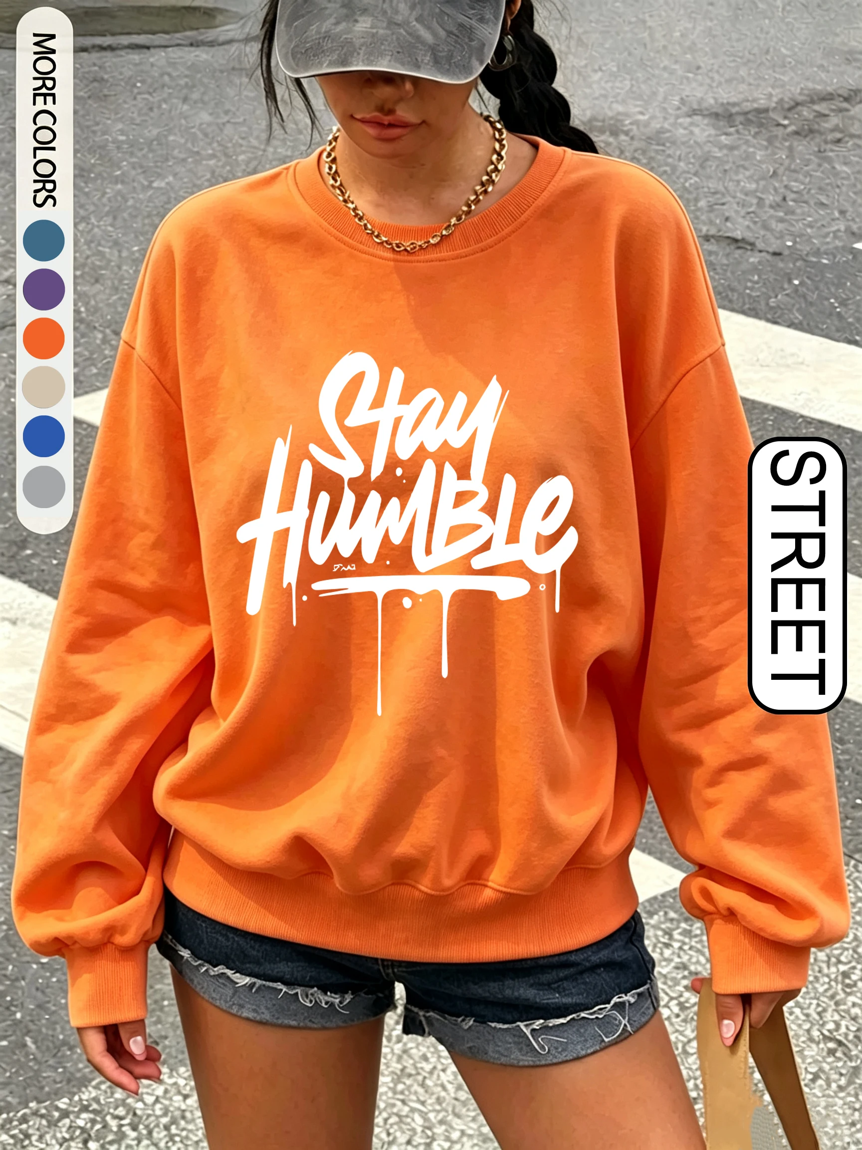 Stay Humble Art Letter Pattern Women'S Sweatshirt Y2K Autumn All-Match Pullovers Oversize Crewneck Clothes Fleece Streetwear