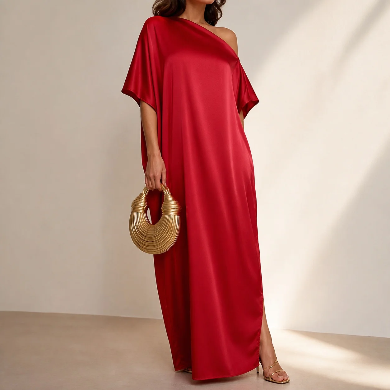 Women Elegant A Line Slant Neck Long Satin Dress with Side Slit Batwing Sleeve for Wedding Guest Party Prom Wedding Party