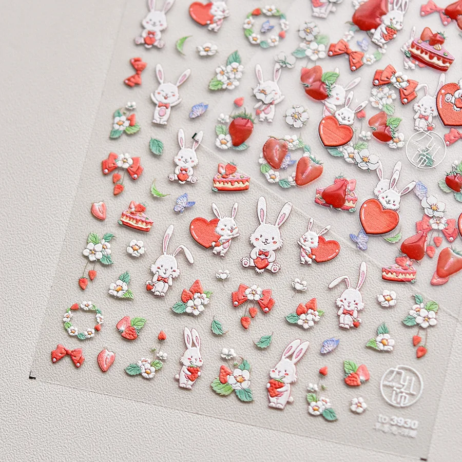 Cartoon Red Strawberries & Rabbit 3D Nail Stickers High Quality Korean Style Adhesive Stickers Nail Art Decoration