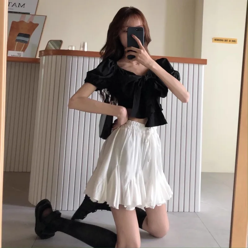 Neploe  2024 Summer New Loose Skirt for Women Y2k High Waist Ruched Ruffles Skirts Simple Sweet White A-line Faldas Mujer