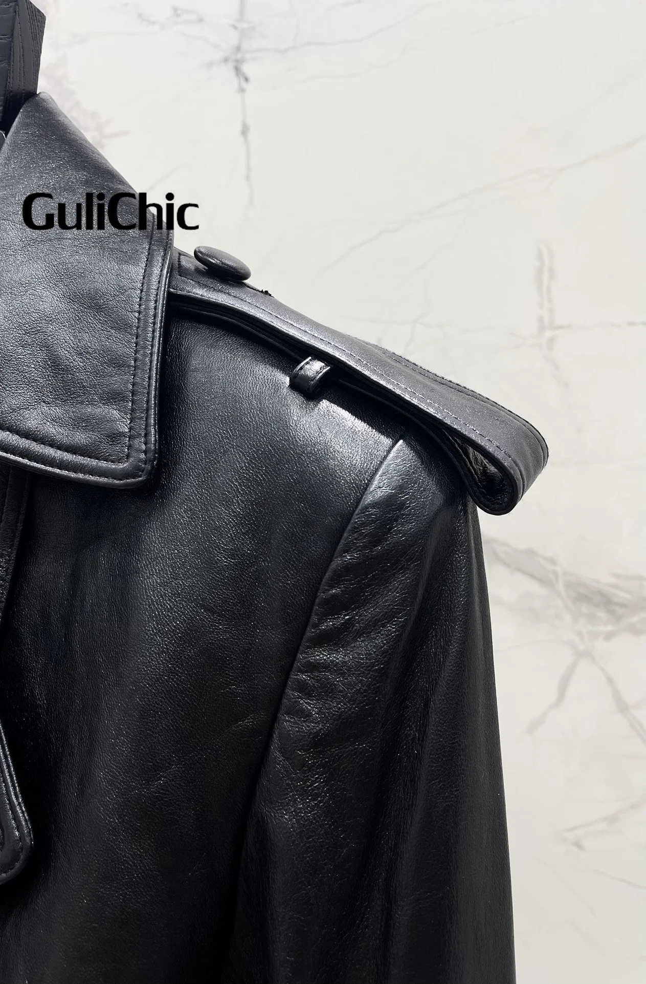 8.10 GuliChic Women Genuine Leather Jacket Autumn Winter Temperament Lapel Double Breasted With Belt Slim Long Trench Coat