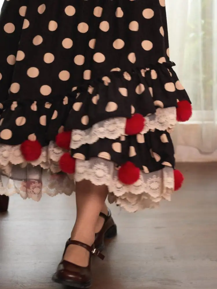 TIYIHAILEY-Long Mid-Calf Corduroy Skirts Women, Elastic Dot Skirts, Winter Autumn,New Fashion, 2025 Lace Patchwork Black