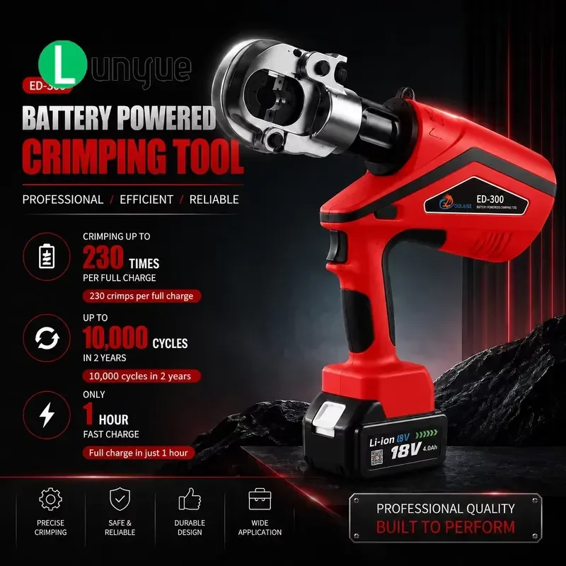 18V Lithium Ion Battery Hydraulic Crimping Tool Carbon Steel 16-300mm Cable Crimper 17mm Stroke for Electrical Wiring with 1
