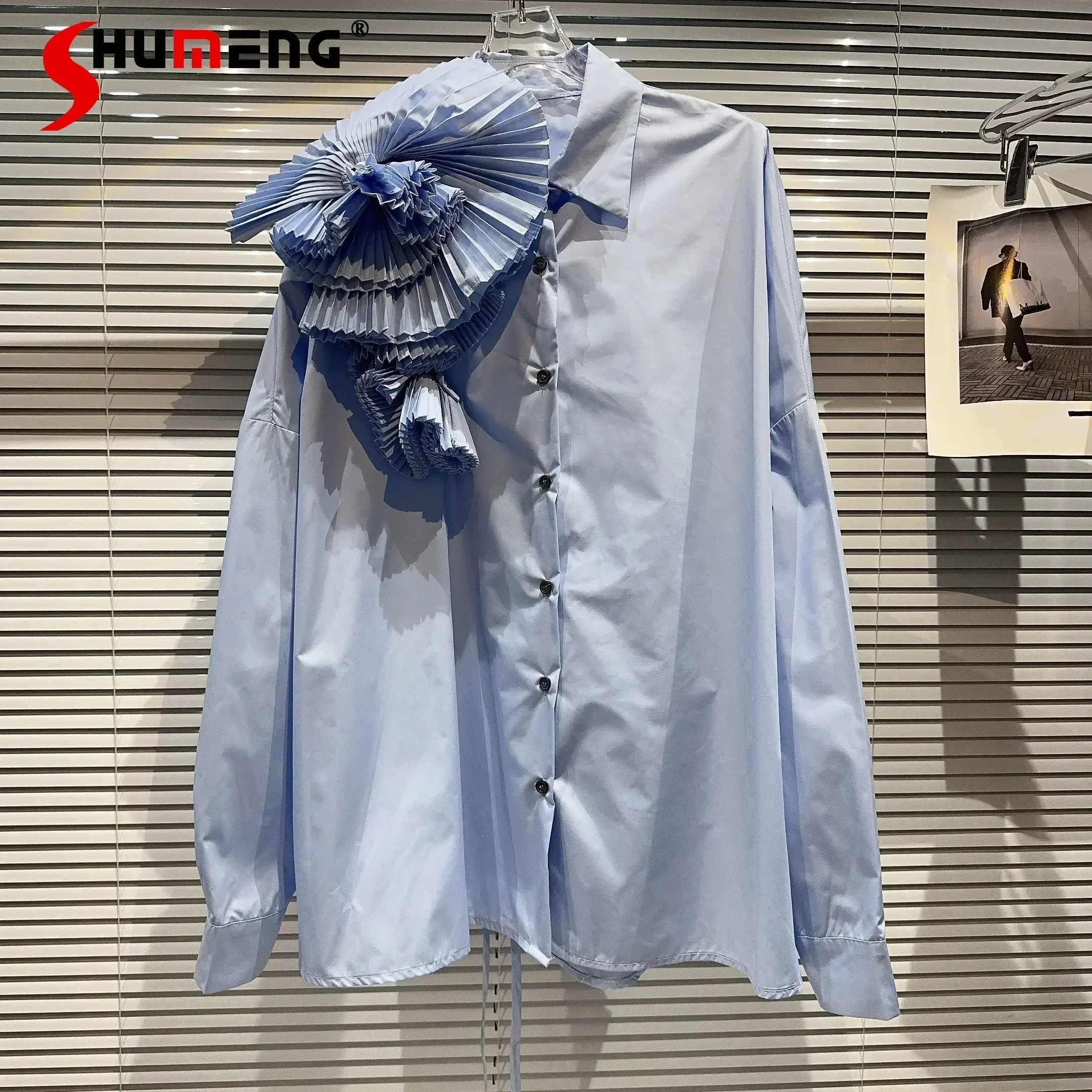 2023 Autumn New Shoulder Three-Dimensional Large Flower Casual Loose Outer Wear Shirt For Women Blouse Harajuku Blue Shirts Top