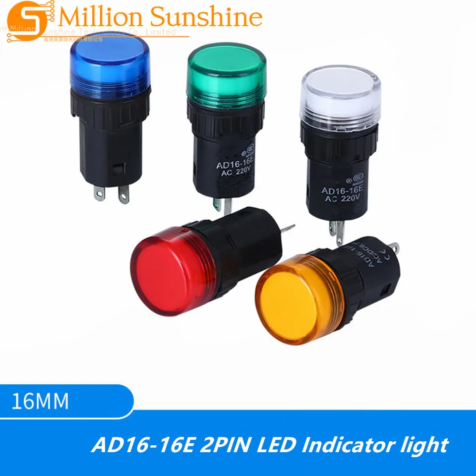 16mm AD16-16E LED Indicator Lamp Signal Pilot Lamp Power 2 Pin Indicator light 12V/24V/110V/220V/380V  Red Green Yellow