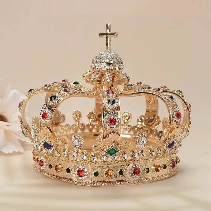 Luxury Handmade Colorful Rhinestone Tiaras For Queen Women Baroque Royal Cross King Medieval Crowns Men Castle Party Headwear