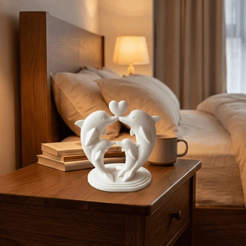 Heart-shape 3D Printed Dolphin Statue Cartoon Plastic Dolphin Family Sculpture Smooth Curved Dolphin Desktop Ornament Office