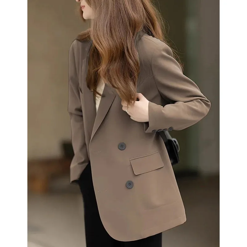 Korean Women Solid Color Suit Jacket Autumn Ladies Long Sleeves Blazer Coat 2024 Advanced Feeling Female Double-breasted Outwear