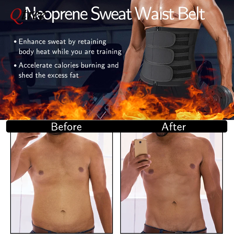 Qtree Men Neoprene Body Shaper Sauna Workout Waist Trainer Trimmer Belt for Weight Loss Sweat Belly Slimming Corset Shapewear