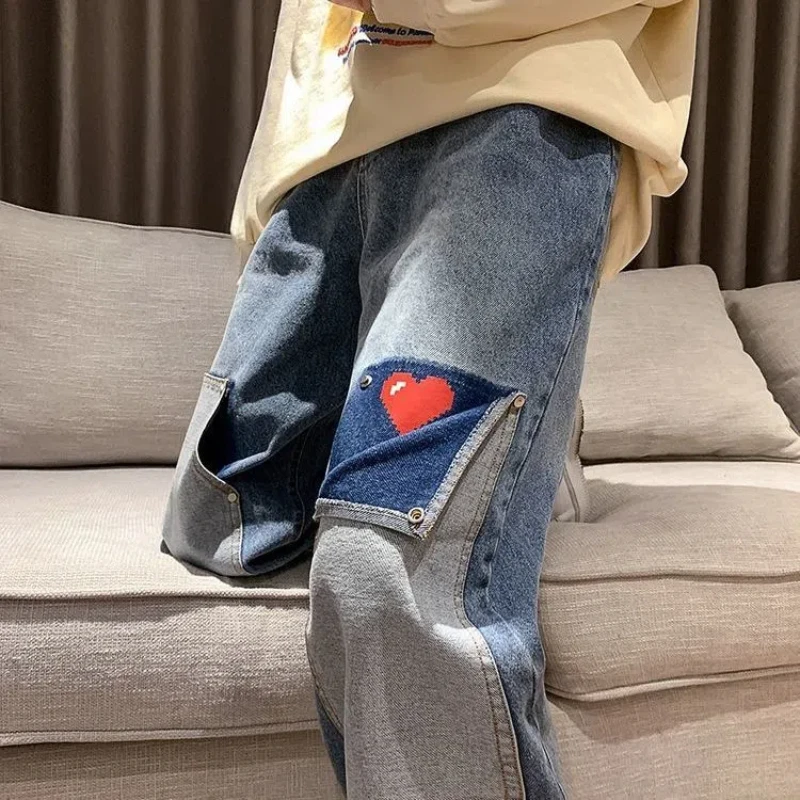 Men's Spring Autumn Straight Jeans Trendy All-match Loose Elastic Middle Waist Patchwork Contrasting Printed Pocket Casual Pants