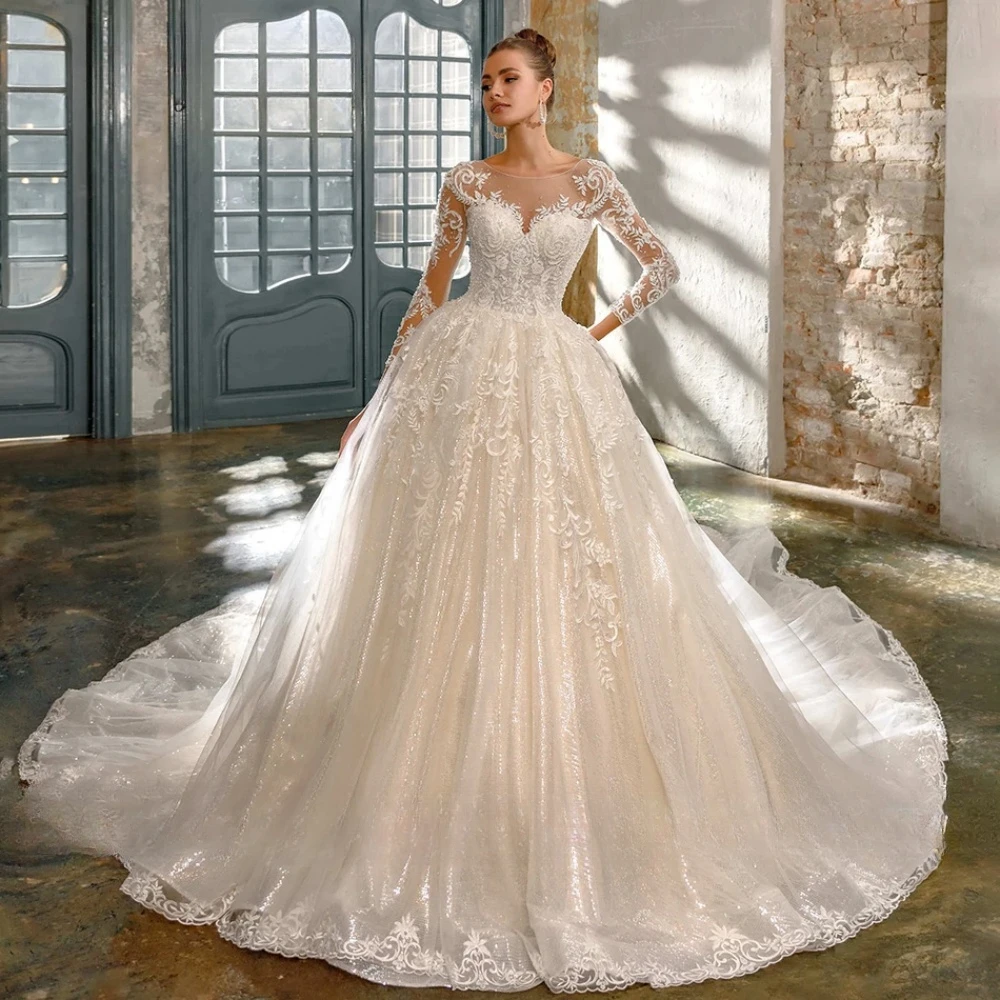 Abito da ballo di lusso Abito da sposa Applique in pizzo con perline Manica lunga Abito da sposa scintillante Personalizzato Abiti da festa per le vacanze delle donne