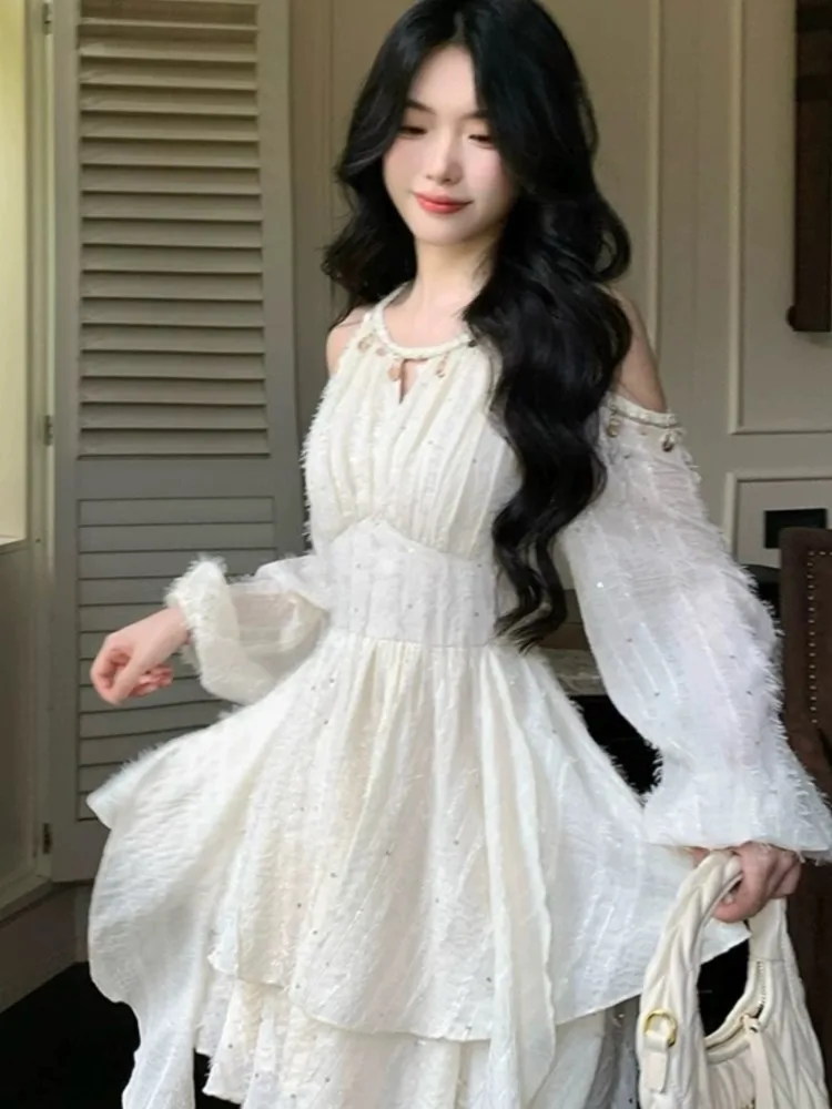 أنيقة الحلو الرسن الكشكشة فساتين متوسطة الطول الخريف Vestidos Mujer الكورية الجديدة المرأة الصلبة الجنية كم طويل ألف خط مطوي فستان