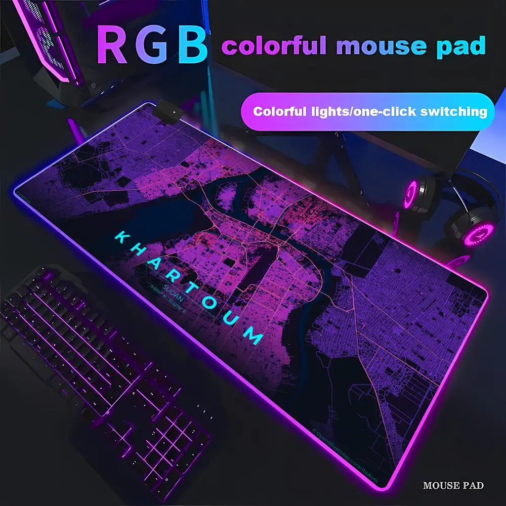 

HYBXAXC Desk Mat Mouse Pad Purple Black Khartoum City Abstract Art Design for Gaming Office Home DecorRGB Gamer Large LED Light